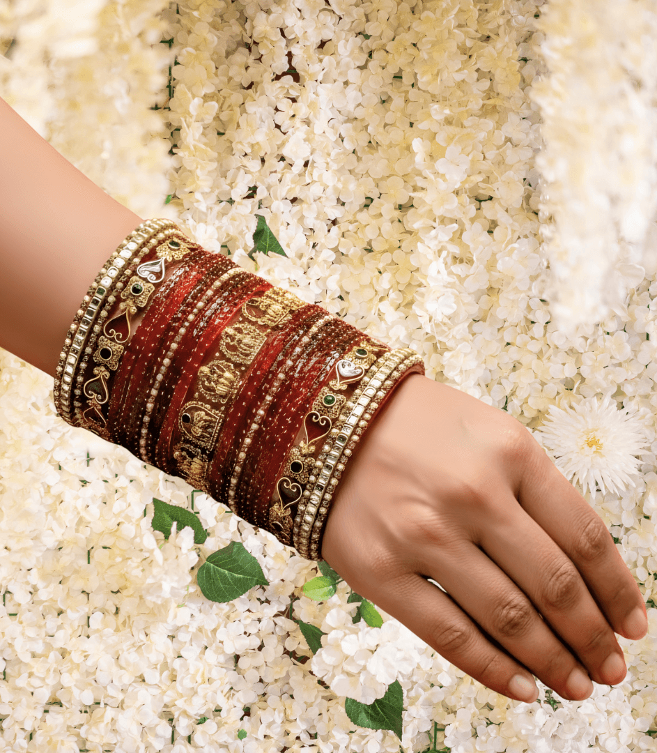 Handcrafted bangles against white jasmine flowers